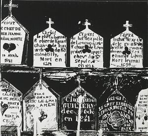 Gravures de boîtes à crânes dans la nécropole de la cathédrale de Saint-Pol-de-Léon 